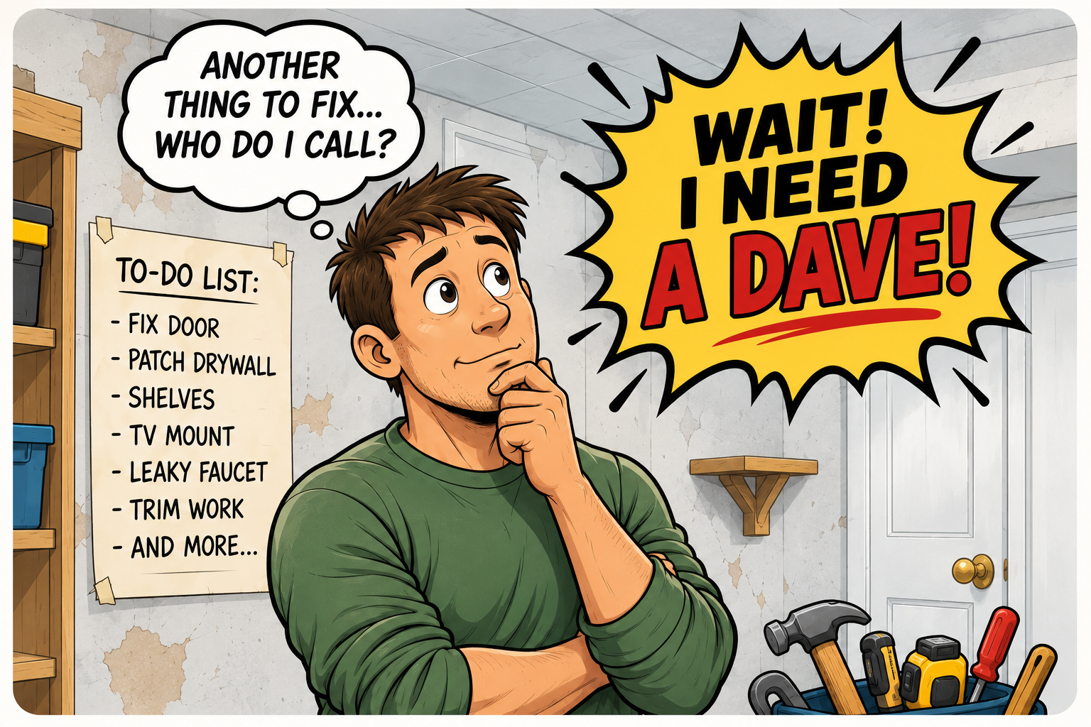 Cartoon homeowner thinking about calling Dave